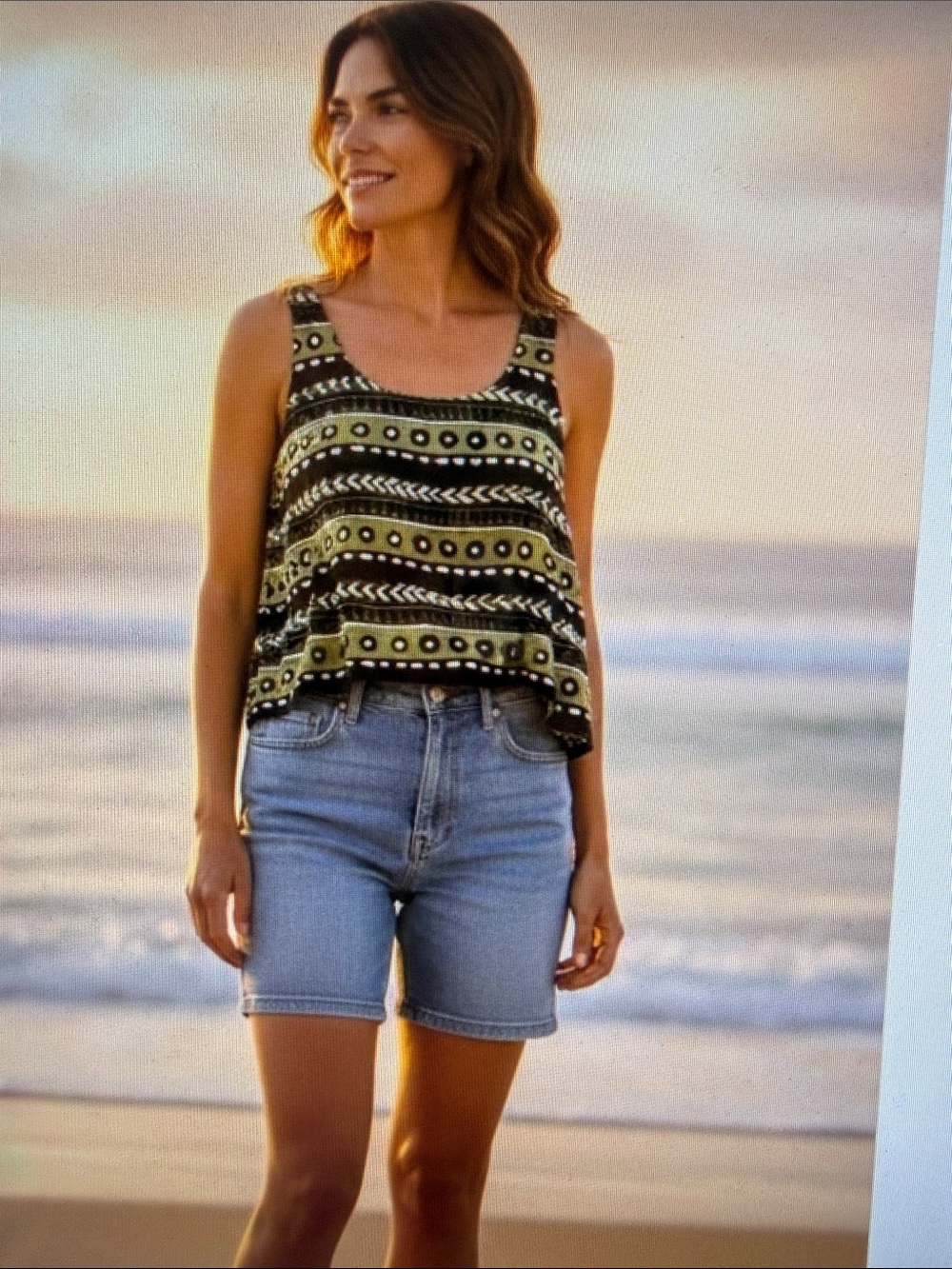 NWOT 100% Linen Tahari Olive Black Tribal Geometric Patterned Fall Artsy Tank XL